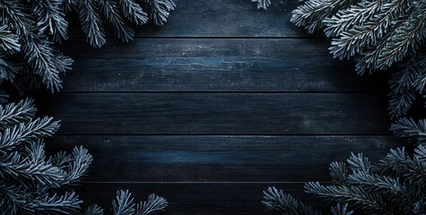 Wall Mural - A dark wooden background framed by frosted evergreen branches, evoking a winter theme.