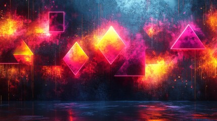 Aufkleber - A collection of bright geometric shapes radiates light in vivid colors against a textured backdrop, creating a striking visual experience.
