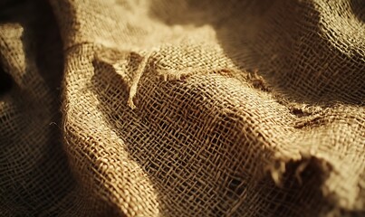 Poster - A textured close-up of burlap fabric, showcasing its natural fibers and crumpled appearance in warm lighting.