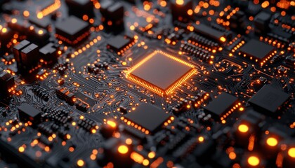 Poster - Close-up of an Illuminated Circuit Board with a Central Processor