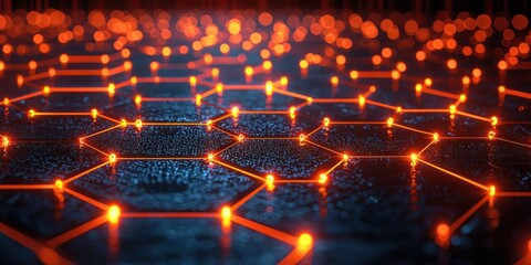 Aufkleber - Abstract Network of Glowing Orange Lines on a Dark Blue Surface