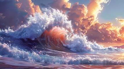 Wall Mural - Dramatic Ocean Wave Sunset - Breathtaking Nature Art