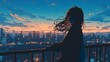 © FiDIO - A silhouette of a girl standing on her balcony, taking in the city lights below, with a gentle breeze causing her hair to sway softly.