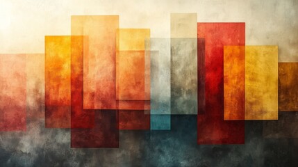 Poster - A vibrant display of abstract wall art showcases layered geometric shapes in warm hues, creating an engaging focal point in a contemporary space.