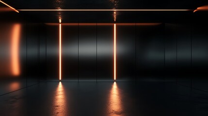 Poster - A sleek, modern room with dark walls, illuminated by warm orange lights, creating a minimalist and futuristic atmosphere.
