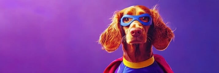 A dog dressed as a superhero, wearing glasses and a cape against a colorful background.