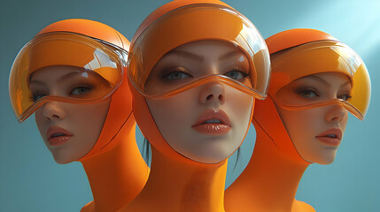 Wall Mural - Three stylized figures in orange attire with futuristic visors.