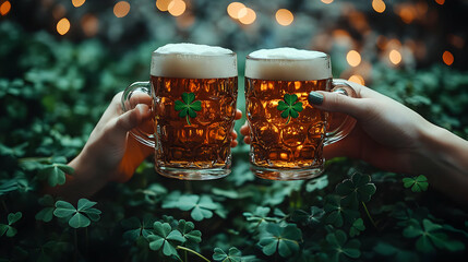 Wall Mural - Two hands holding beer mugs with clovers, celebrating togetherness.