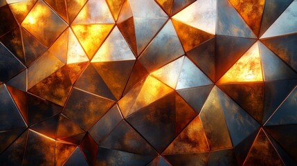 Fototapete - Intricately arranged triangular shapes create a stunning visual effect, featuring a combination of metallic hues and warm lighting that enhances the overall texture and depth.