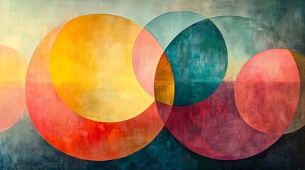 Poster - This artwork displays an array of overlapping circles in bold hues, blending warm yellows and reds with cool blues and greens, creating a harmonious composition that captivates the viewer.