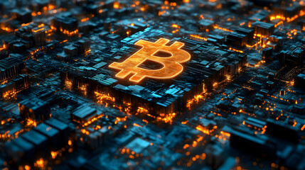 Sticker - Digital representation of Bitcoin in a futuristic cityscape.