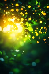 Poster - A serene scene depicting sunlight filtering through leaves, creating a magical ambiance with glimmers of light in a lush green background.