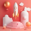 © HiSea - 3D Abstract Geometric Shapes  Rocket  Hot Air Balloon  Pink  White  Gold