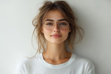 Wall Mural - A young woman with brown hair and glasses smiling at the camera.