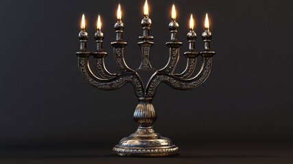 Traditional silver menorah with candles lit for Hanukkah celebration during evening gathering