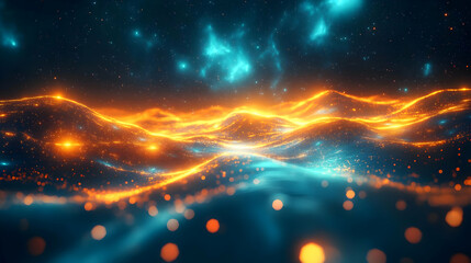 Wall Mural - Abstract digital landscape with glowing waves and cosmic elements.