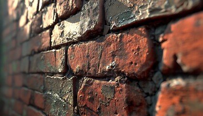 Poster - A close-up of a textured, weathered red brick wall, showcasing the rough surfaces and rich colors of aged bricks.