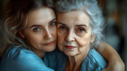 Canvas Print - A young woman embraces an elderly woman, showcasing love and connection.