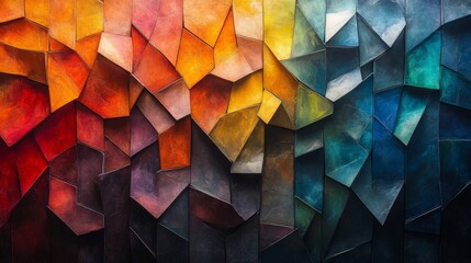 Poster - The artwork features a dynamic arrangement of angular shapes in a spectrum of warm oranges and reds transitioning to cool blues and greens. The textured surface enhances color depth.