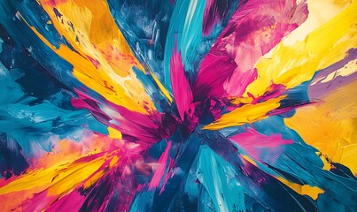 Poster - A vibrant abstract painting featuring dynamic splashes of blue, pink, yellow, and orange, creating a sense of energy and movement.