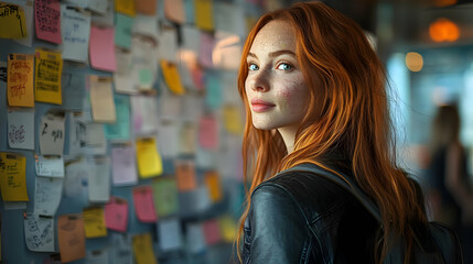 Sticker - A young woman with red hair stands in front of colorful sticky notes.