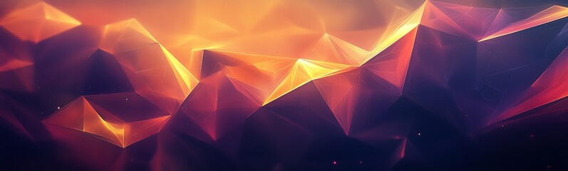Fototapete - A vibrant, abstract landscape featuring sharp, angular shapes bathed in glowing orange and purple hues against a dark backdrop.