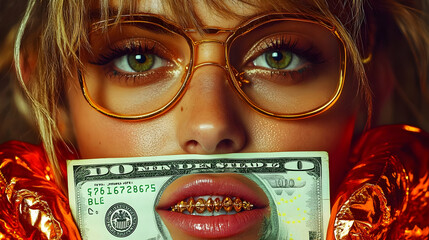 Canvas Print - A close-up portrait of a person holding a dollar bill.