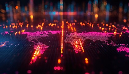 Aufkleber - Digital World Map with Lights and Grid Pattern