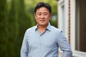 Wall Mural - asian man in blue shirt standing outside looking at camera with smile