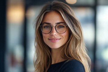 A young woman with long blonde hair, wearing glasses, smiles confidently at the camera.