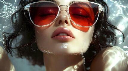 Wall Mural - A close-up of a woman in sunglasses submerged in water.