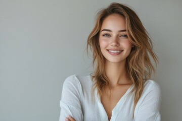 Wall Mural - A young woman with long brown hair is smiling at the camera.  She is wearing a white button-down shirt.