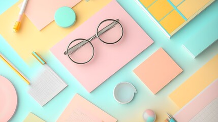 Wall Mural - Pastel Color Block Desk Workspace with Glasses  Notebook  and Pens