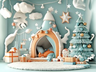 Enchanting kids playroom decorated with a colorful christmas tree and whimsical elements for festive cheer, Generative Ai