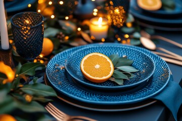 Wall Mural - A Thanksgiving table filled with traditional dishes and candles, with leaves scattered across the tablecloth, creating a cozy holiday scene