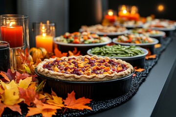 Wall Mural - A long table filled with Thanksgiving dishes, including cranberry sauce, green beans, and pumpkin pie, with candles and autumn leaves as decor