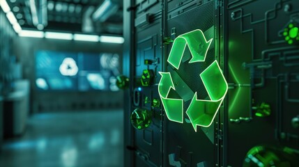 Poster - Green Recycling Symbol on Futuristic Machine