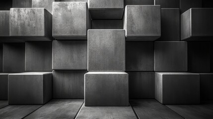 Fototapete - A collection of gray concrete blocks is arranged in a captivating pattern, creating an abstract and modern aesthetic that emphasizes texture and structure.
