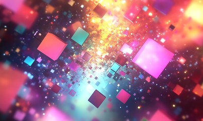 Aufkleber - A vibrant digital explosion of colorful squares and sparkles against a dark background, creating a mesmerizing abstract visual.