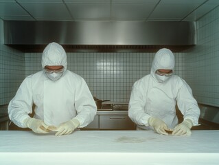 Investigators Analyzing a Contaminated Kitchen Crime Scene in Protective Suits