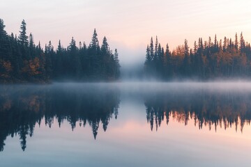 a panoramic view of the calm, mist-covered lake at dawn in a boreal forest