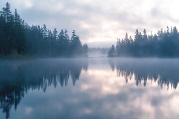 a panoramic view of the calm, mist-covered lake at dawn in a boreal forest