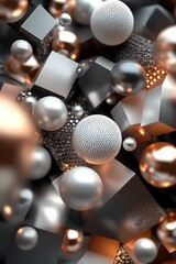 Fototapete - A vibrant abstract composition featuring metallic spheres and cubes in a harmonious blend of silver, gold, and black, showcasing intricate textures and reflections.