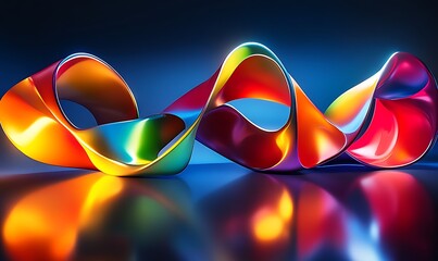 Poster - A vibrant, abstract representation of colorful, twisted ribbons reflecting light against a dark background.