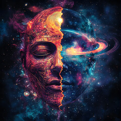 Wall Mural - a cosmic mask of a god, split in half, reveals the merging of technology and the universe. symbolizi