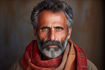 Wall Mural - Portrait of an old man with a gray beard and a red scarf.