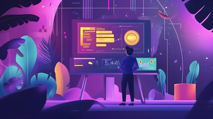 Man Analyzing Data on Screen with Futuristic Interface and Neon Colors