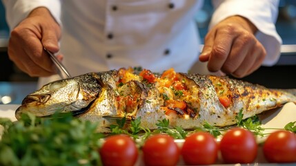 A chef presenting a beautifully cooked stuffed fish garnished with tomatoes and herbs.