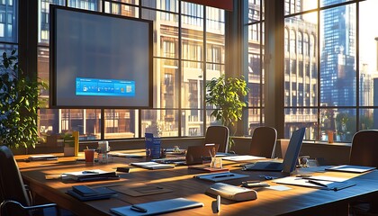 Aufkleber - A modern office with large windows, a central table cluttered with documents, a laptop, plants, and an illuminated presentation screen.