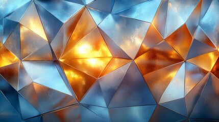 Poster - A vibrant display of geometric shapes created by metallic surfaces reflects blue and orange tones, capturing dynamic light and shadows in a captivating arrangement.